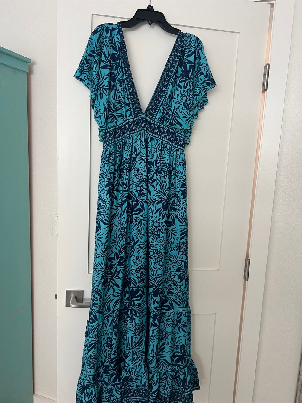 Blue Floral V-Neck Maxi Dress - Teal & Navy